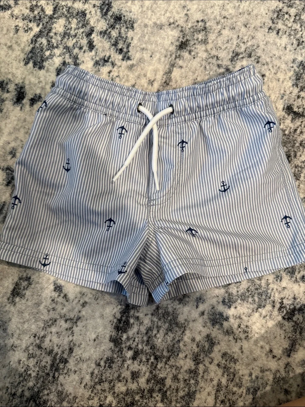 Carter's Light Blue and White Striped Swim Trunks with Navy Anchors